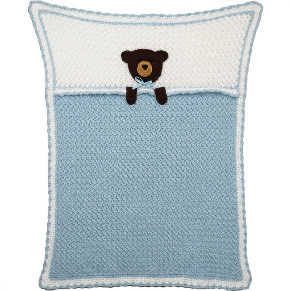 Handmade Crochet Baby Blanket Blue White Teddy Bear Applique Shell Stitch Knit